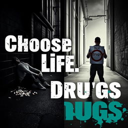 A powerful public health poster addressing the dangers of drug use, featuring a stark urban backdrop with dark alleyways to represent the gritty reality of addiction