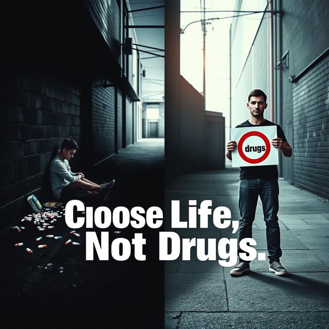 A powerful public health poster addressing the dangers of drug use, featuring a stark urban backdrop with dark alleyways to represent the gritty reality of addiction