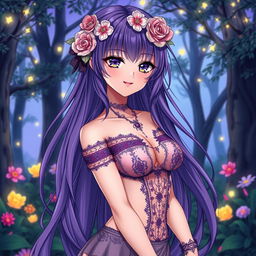 A captivating and attractive anime girl with long, flowing purple hair decorated with intricate floral accessories