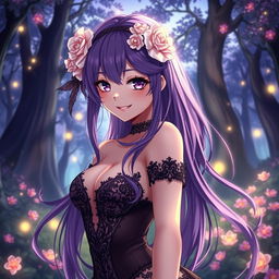 A captivating and attractive anime girl with long, flowing purple hair decorated with intricate floral accessories