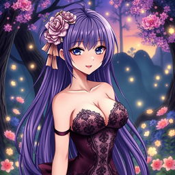 A captivating and attractive anime girl with long, flowing purple hair decorated with intricate floral accessories