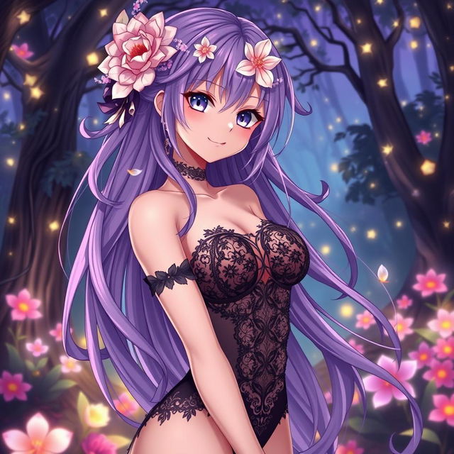 A captivating and attractive anime girl with long, flowing purple hair decorated with intricate floral accessories