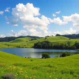 A serene landscape featuring rolling hills covered in vibrant green grass, dotted with colorful wildflowers