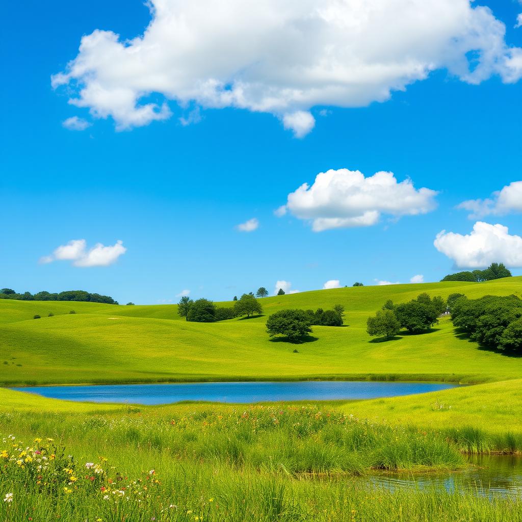 A serene landscape featuring rolling hills covered in vibrant green grass, dotted with colorful wildflowers