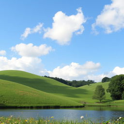 A serene landscape featuring rolling hills covered in vibrant green grass, dotted with colorful wildflowers