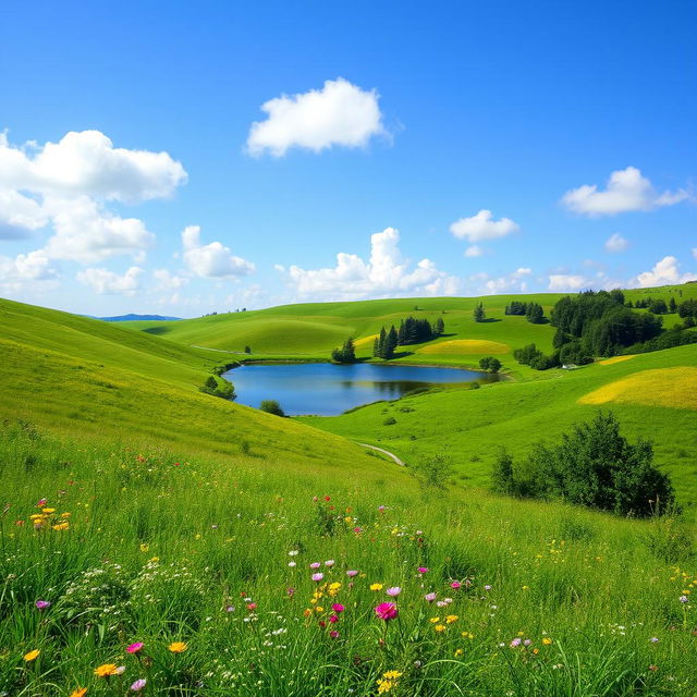 A serene landscape featuring rolling hills covered in vibrant green grass, dotted with colorful wildflowers