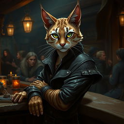A captivating brown and white striped Tabaxi rogue, exuding charm and charisma