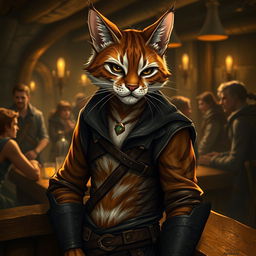 A captivating brown and white striped Tabaxi rogue, exuding charm and charisma