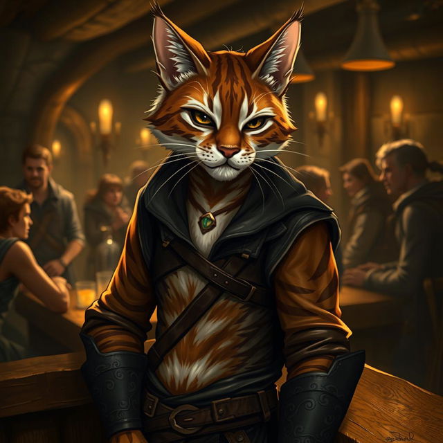 A captivating brown and white striped Tabaxi rogue, exuding charm and charisma