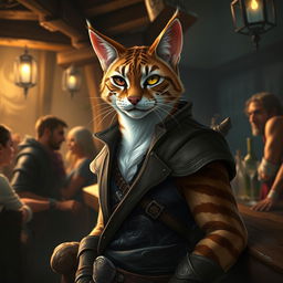 A captivating brown and white striped Tabaxi rogue, exuding charm and charisma