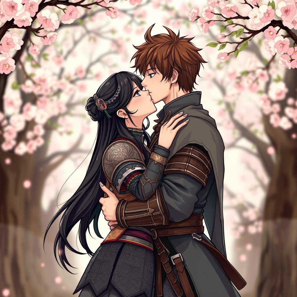 An illustration in manhwa style depicting a beautiful couple kissing