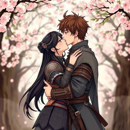 An illustration in manhwa style depicting a beautiful couple kissing
