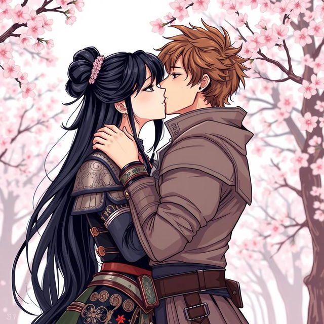 An illustration in manhwa style depicting a beautiful couple kissing