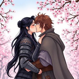 An illustration in manhwa style depicting a beautiful couple kissing