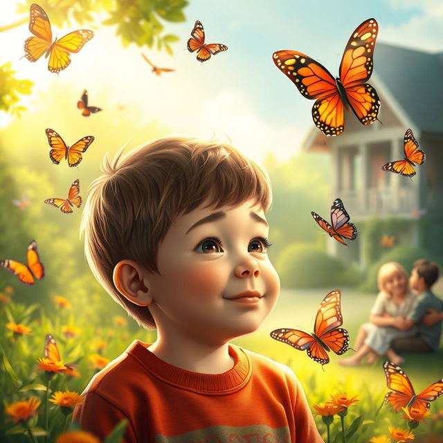 A serene and heartwarming scene depicting Lucas, a young boy with a gentle expression, surrounded by vibrant, colorful butterflies fluttering around him