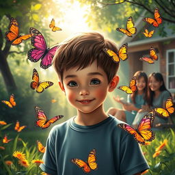 A serene and heartwarming scene depicting Lucas, a young boy with a gentle expression, surrounded by vibrant, colorful butterflies fluttering around him