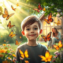 A serene and heartwarming scene depicting Lucas, a young boy with a gentle expression, surrounded by vibrant, colorful butterflies fluttering around him
