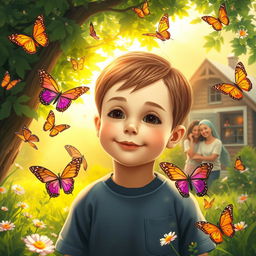 A serene and heartwarming scene depicting Lucas, a young boy with a gentle expression, surrounded by vibrant, colorful butterflies fluttering around him