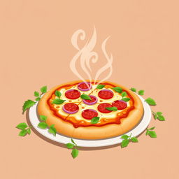 A vibrant natural photo of a steaming hot pizza on a plate, topped with pepperoni, red onion slices, green peppers, and melted cheese