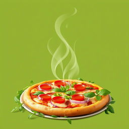 A vibrant natural photo of a steaming hot pizza on a plate, topped with pepperoni, red onion slices, green peppers, and melted cheese