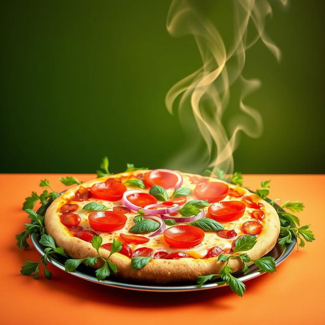 A vibrant natural photo of a steaming hot pizza on a plate, topped with pepperoni, red onion slices, green peppers, and melted cheese