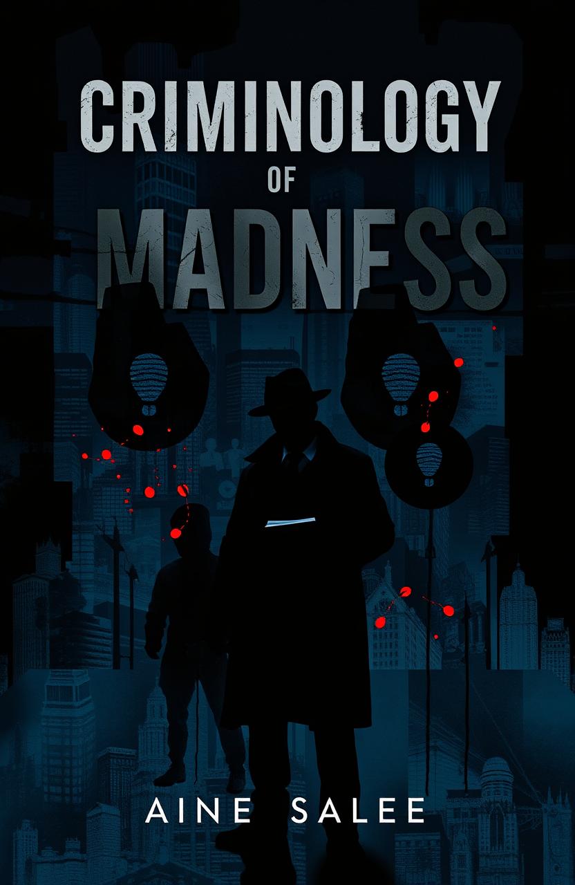 A captivating book cover for 'Criminology Of Madness', featuring a dark and intriguing design