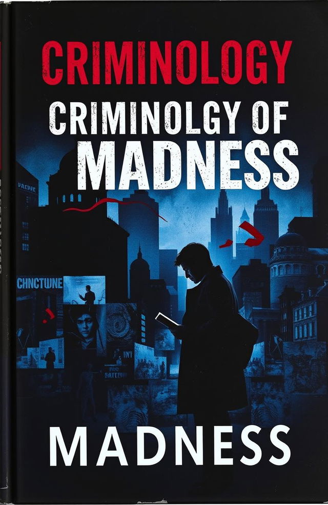 A captivating book cover for 'Criminology Of Madness', featuring a dark and intriguing design