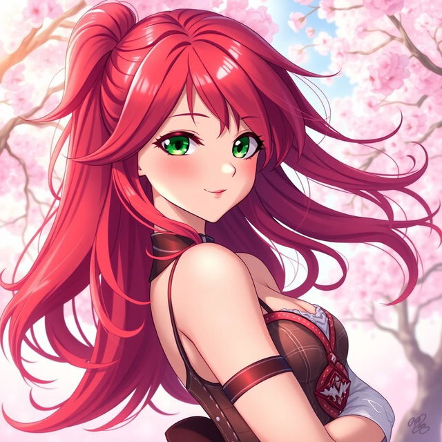 A captivating anime girl with flowing red hair, styled in loose waves that cascade over her shoulders