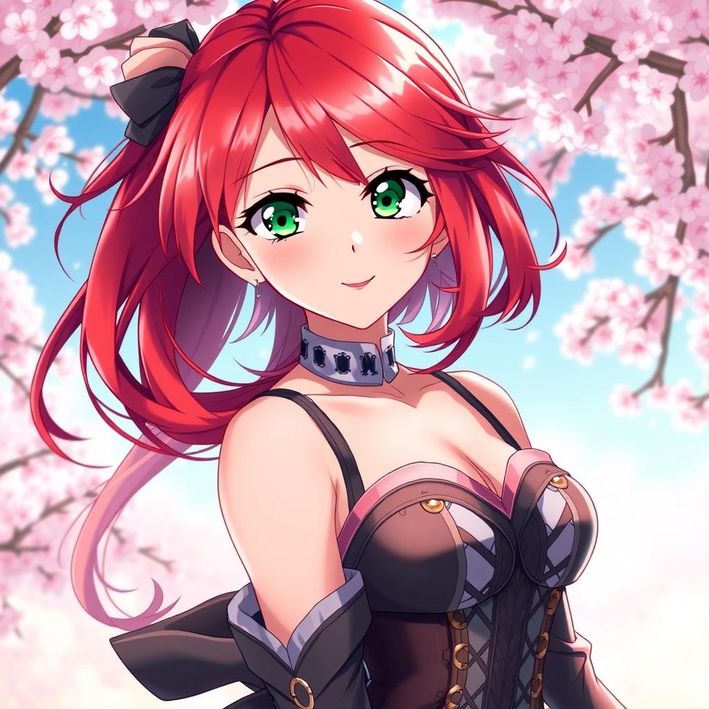 A captivating anime girl with flowing red hair, styled in loose waves that cascade over her shoulders
