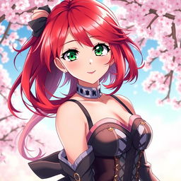 A captivating anime girl with flowing red hair, styled in loose waves that cascade over her shoulders
