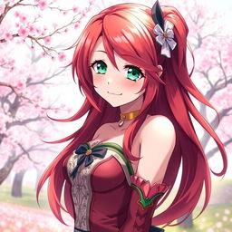 A captivating anime girl with flowing red hair, styled in loose waves that cascade over her shoulders