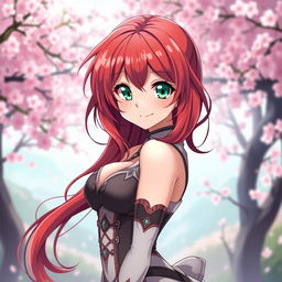 A captivating anime girl with flowing red hair, styled in loose waves that cascade over her shoulders