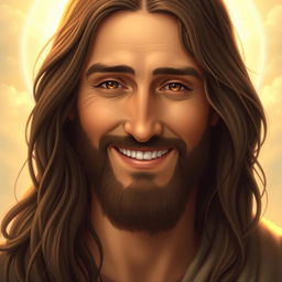 A serene and gentle portrait of Jesus with a warm, kind smile, radiating compassion and peace