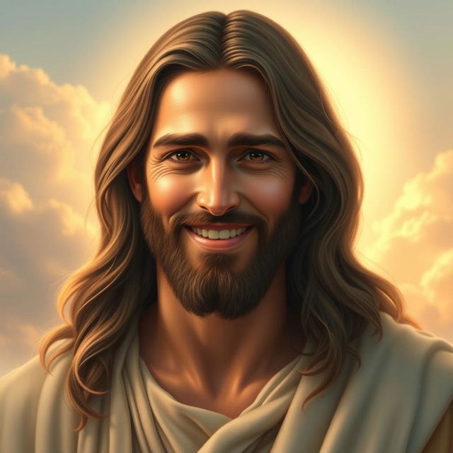 A serene and gentle portrait of Jesus with a warm, kind smile, radiating compassion and peace