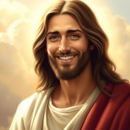 A serene and gentle portrait of Jesus with a warm, kind smile, radiating compassion and peace
