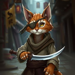 A charming brown and white tabby tabaxi rogue, featuring a distinctive cloth or eyepatch around his left eye