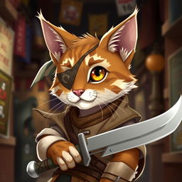 A charming brown and white tabby tabaxi rogue, featuring a distinctive cloth or eyepatch around his left eye