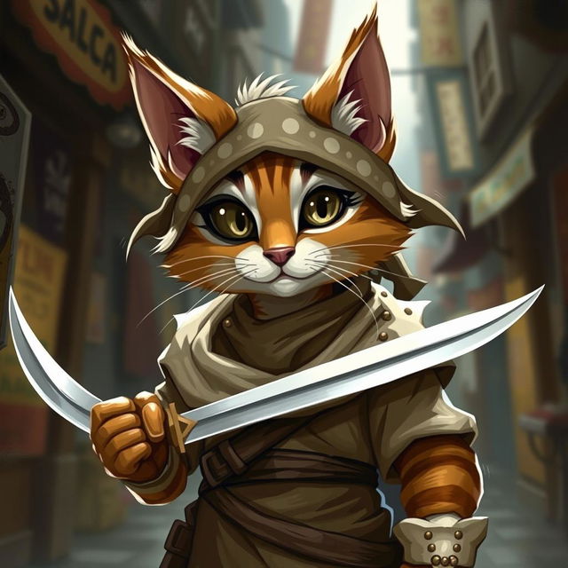 A charming brown and white tabby tabaxi rogue, featuring a distinctive cloth or eyepatch around his left eye