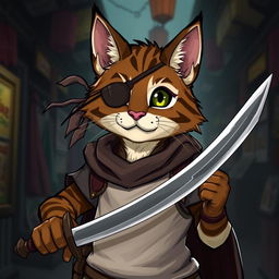 A charming brown and white tabby tabaxi rogue, featuring a distinctive cloth or eyepatch around his left eye