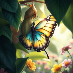 A stunning, close-up illustration of a vibrant butterfly emerging from its chrysalis, with intricate details on the wings showcasing a gradient of blues and yellows, surrounded by lush green leaves and colorful flowers
