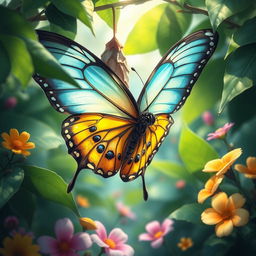 A stunning, close-up illustration of a vibrant butterfly emerging from its chrysalis, with intricate details on the wings showcasing a gradient of blues and yellows, surrounded by lush green leaves and colorful flowers