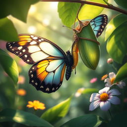 A stunning, close-up illustration of a vibrant butterfly emerging from its chrysalis, with intricate details on the wings showcasing a gradient of blues and yellows, surrounded by lush green leaves and colorful flowers