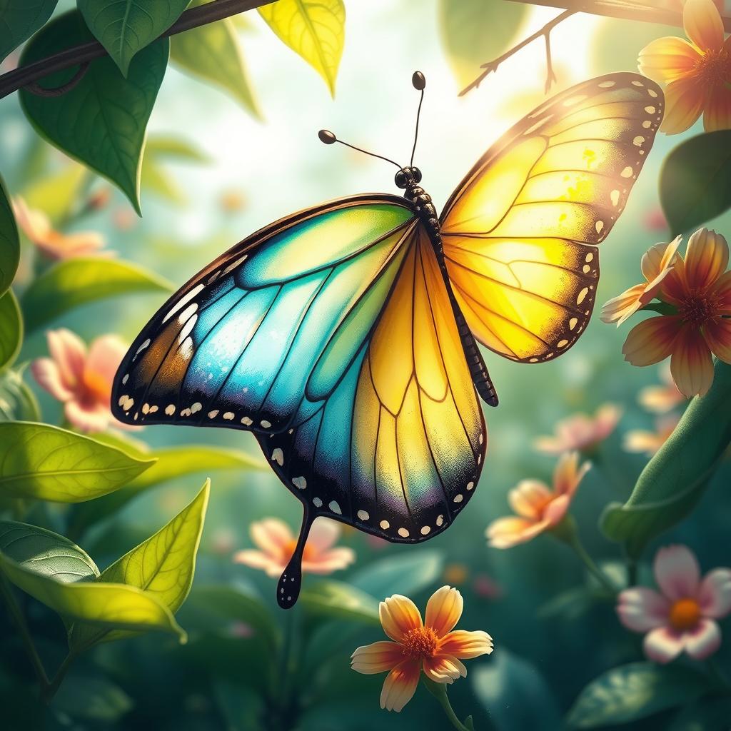 A stunning, close-up illustration of a vibrant butterfly emerging from its chrysalis, with intricate details on the wings showcasing a gradient of blues and yellows, surrounded by lush green leaves and colorful flowers