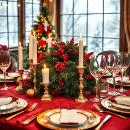 An elegant and festive Christmas dinner table set up, adorned with rich red and gold decorations