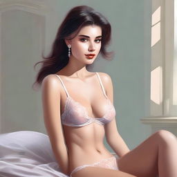 An artistic, high-quality digital painting showcasing a woman in tasteful lingerie