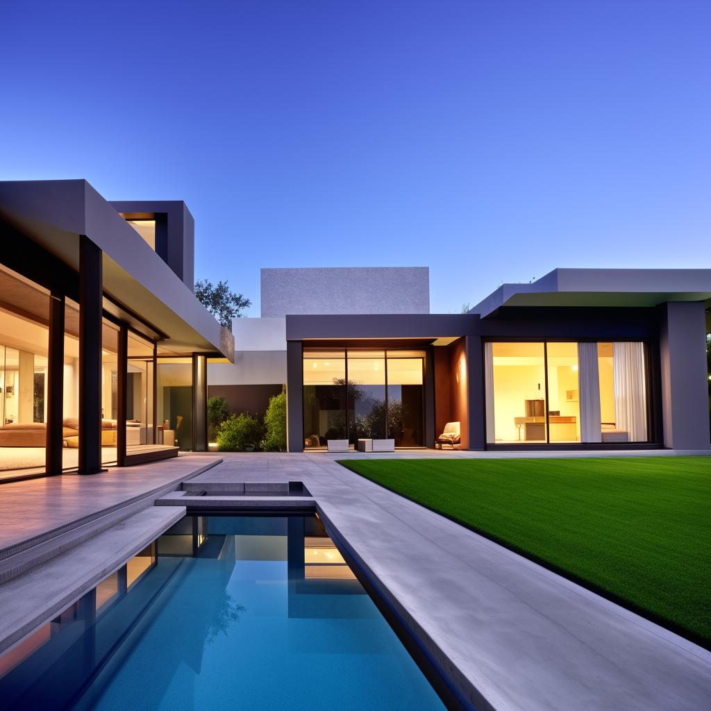 A modern house with sleek lines, expansive glass windows, minimalist furnishings, a well-maintained green lawn, and a sparkling pool under the clear blue sky.