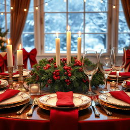 An elegant and festive Christmas dinner table set up, adorned with rich red and gold decorations