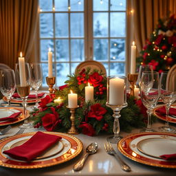 An elegant and festive Christmas dinner table set up, adorned with rich red and gold decorations