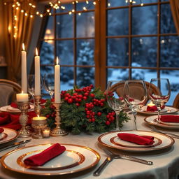 An elegant and festive Christmas dinner table set up, adorned with rich red and gold decorations
