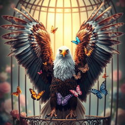 A beautiful, vibrant scene of a majestic eagle with its wings fully spread, showcasing intricate feather details, alongside delicate butterflies of various colors fluttering around inside an ornate, vintage cage